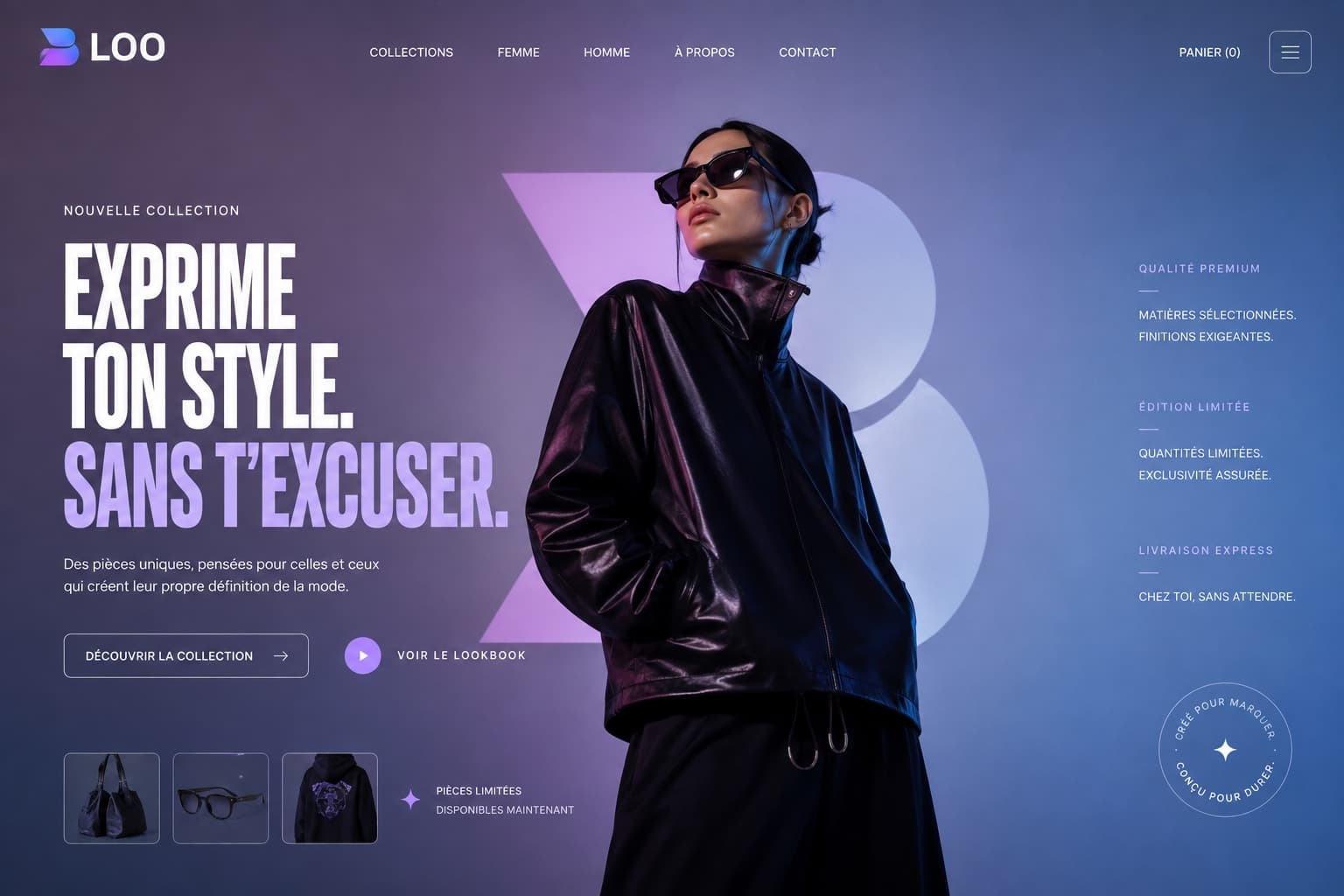 Page d'accueil d'une boutique de mode, visuel éditorial d'une nouvelle collection.