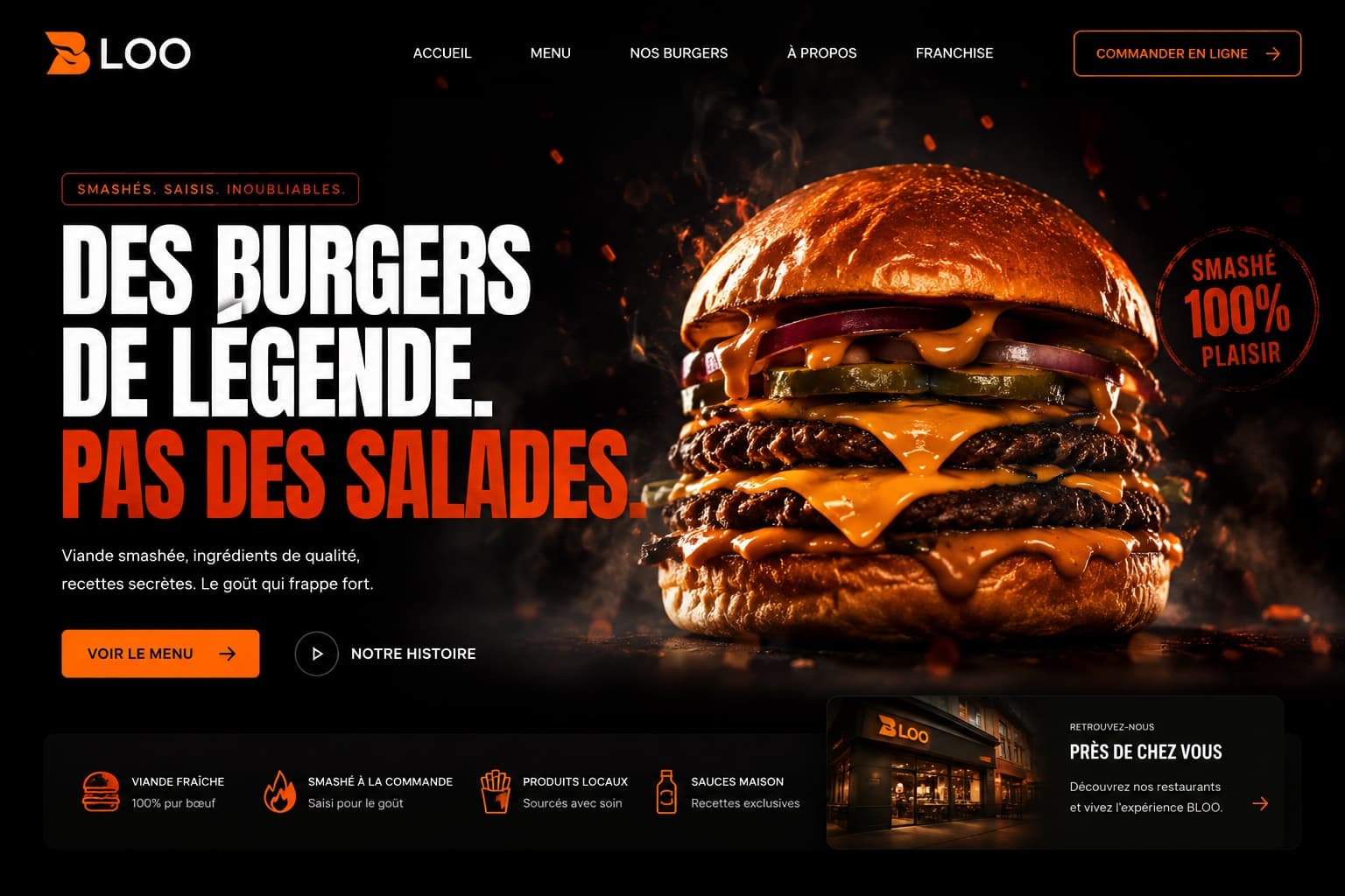Page d'accueil d'un restaurant de burgers, photographie culinaire en gros plan.