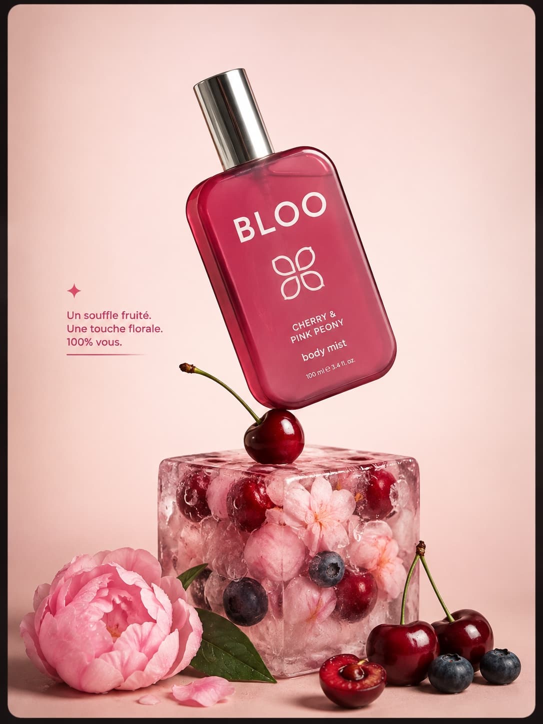 Concept publicitaire : flacon de brume corporelle rose posé sur un cube de glace fleuri, fruits rouges et pivoine.