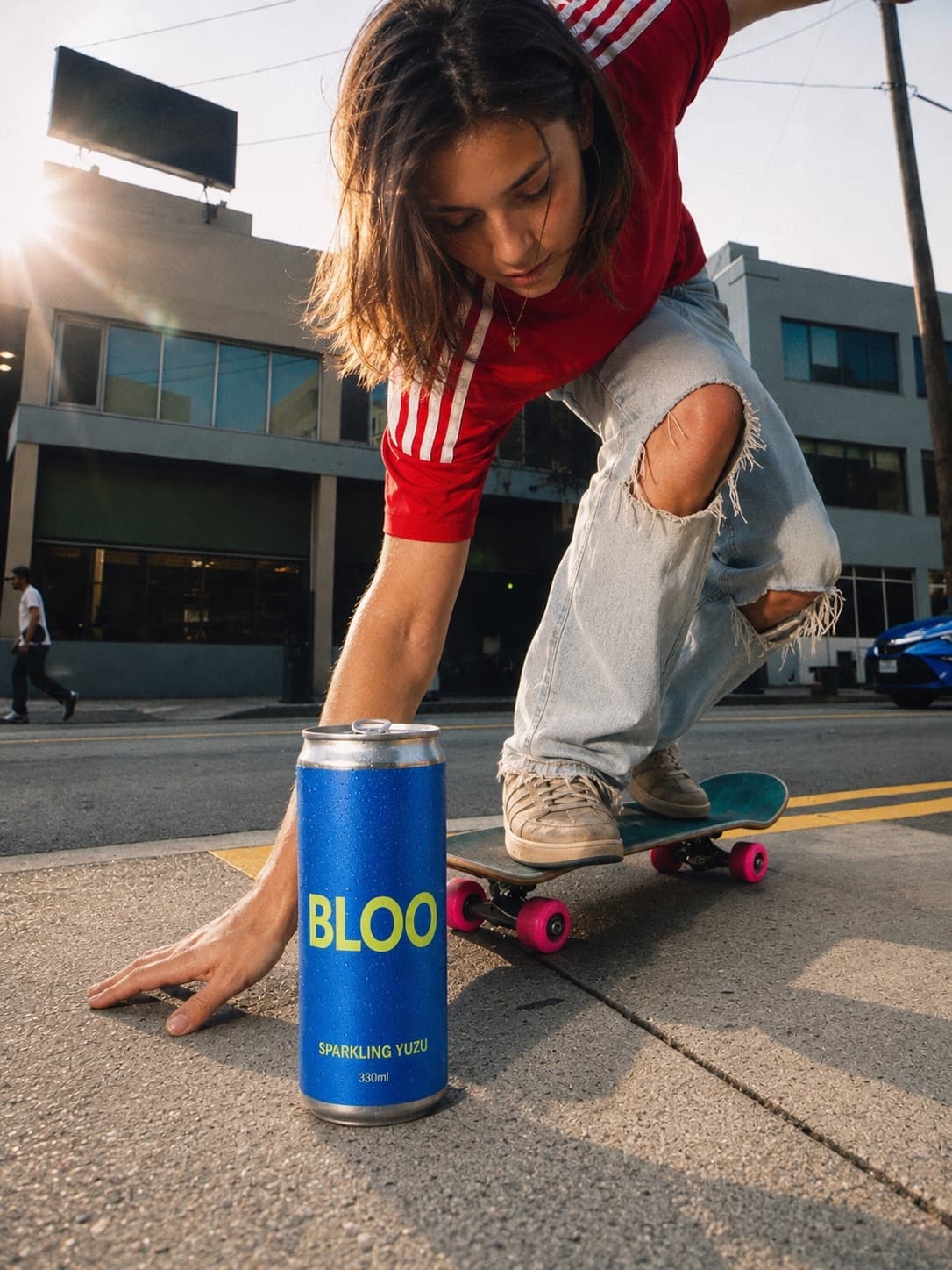 Concept publicitaire : canette de soda BLOO bleue au sol, skateuse en action à l'arrière-plan.