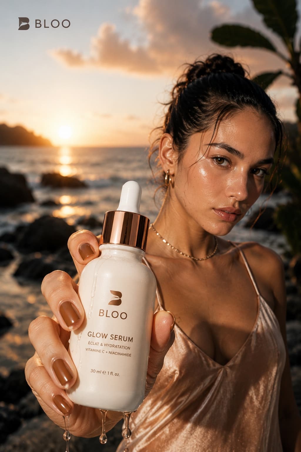 Contenu de marque : présentation en main d'un sérum cosmétique face à l'océan au coucher du soleil.