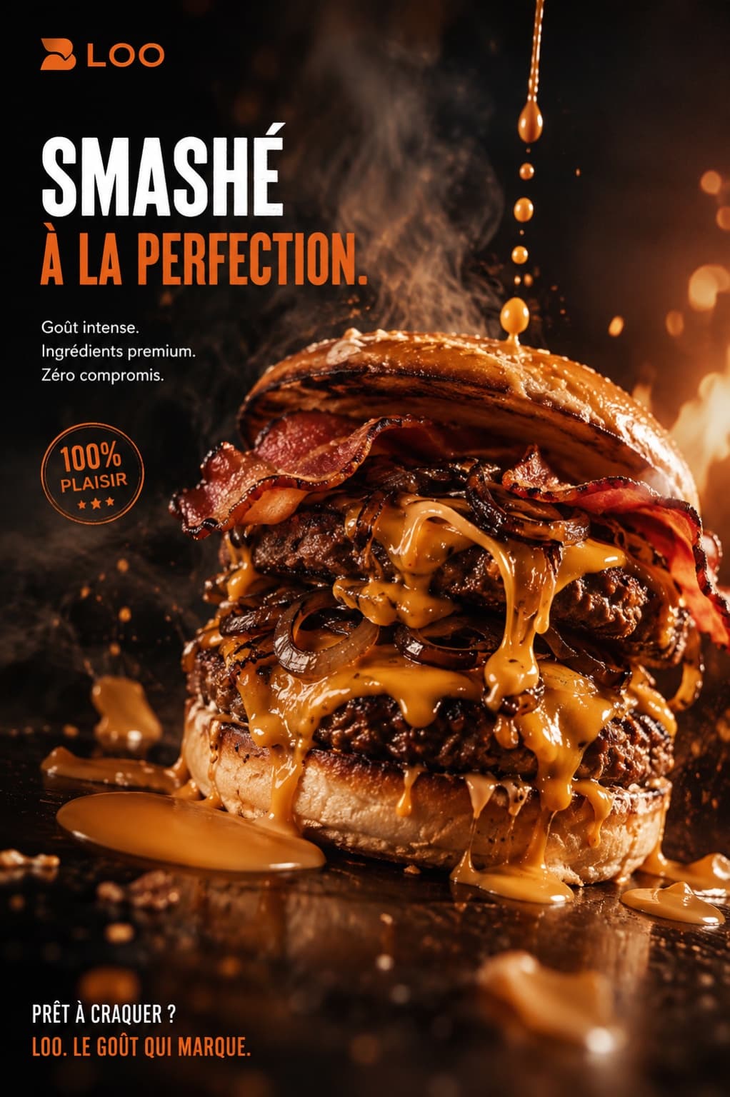 Contenu de marque : plan rapproché d'un burger smashé, sauce en écoulement.