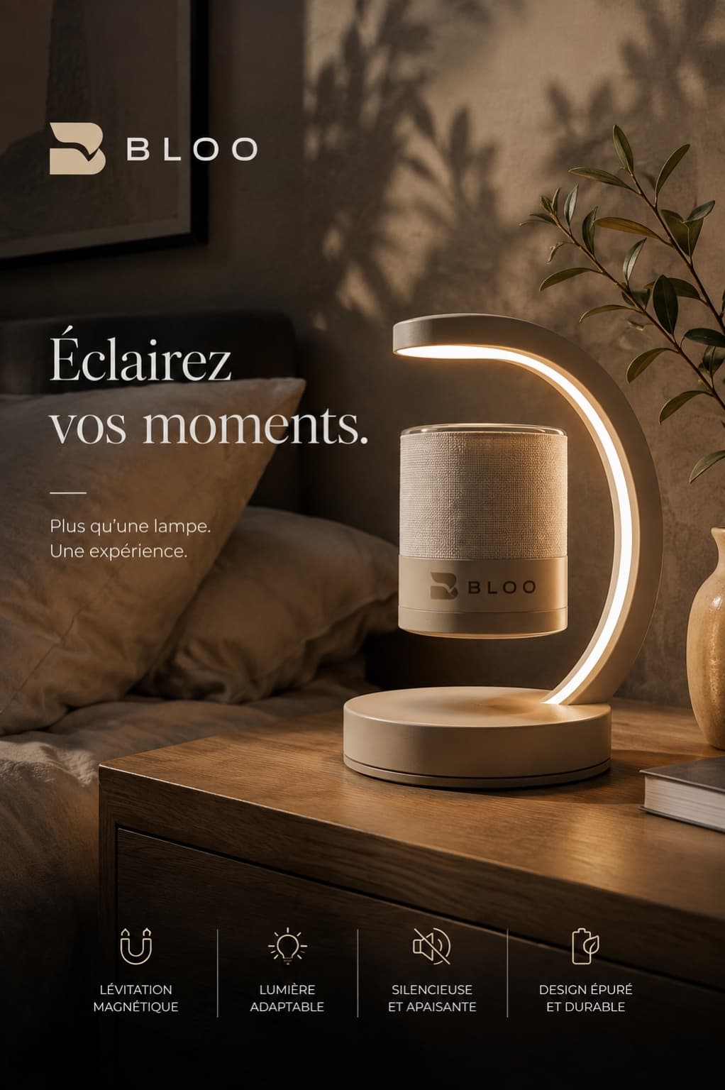 Contenu de marque : lampe design allumée sur une table de chevet dans une ambiance chaleureuse.